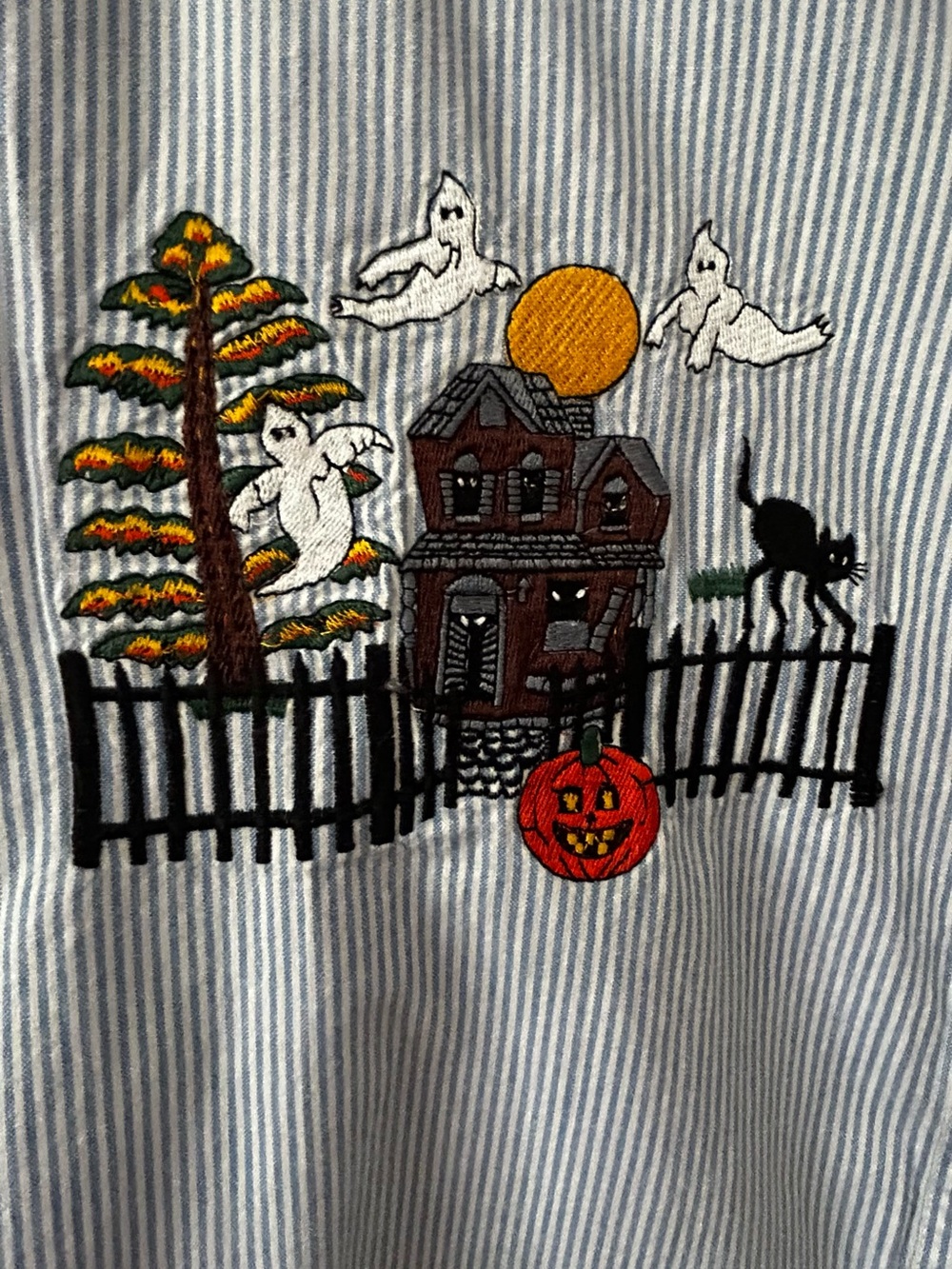 Vintage 90s Solutions Embroidered Halloween Blue Denim Striped LS Shirt Sz Large - Picture 2 of 7